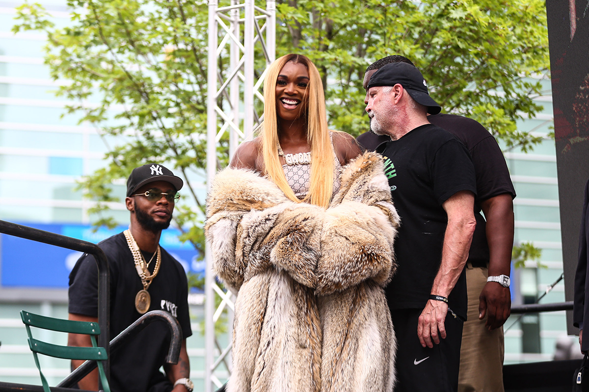 In full Glamazon mode at the weigh-in, Claressa Shields said she wants Saturday's show to be a sellout and the biggest boxing event in Detroit. Photo: Stephanie Trapp, Salita Promotions
