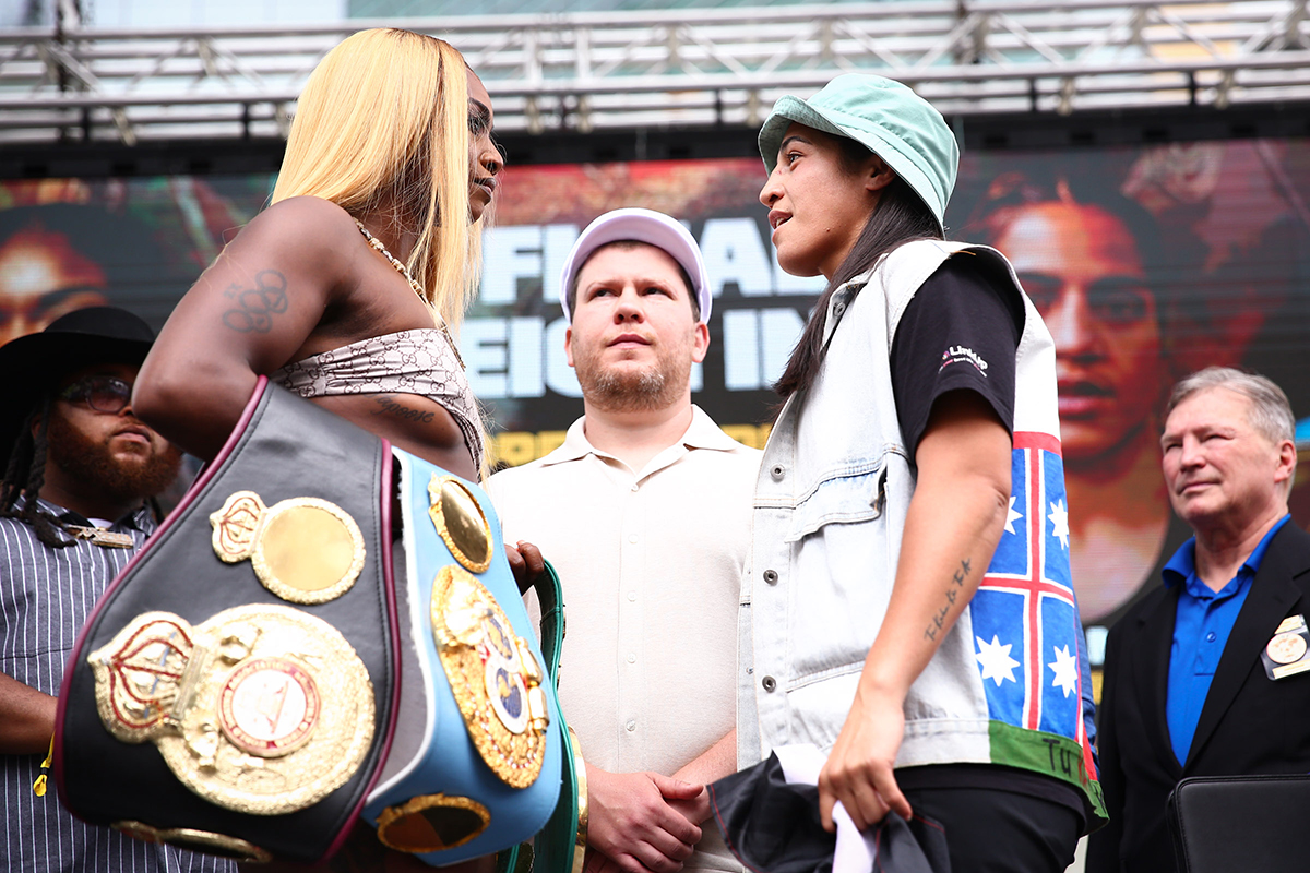 Claressa Shields thanked Lani Daniels for stepping up and making Saturday's title fight possible. Photo: Stephanie Trapp, Salita Promotions