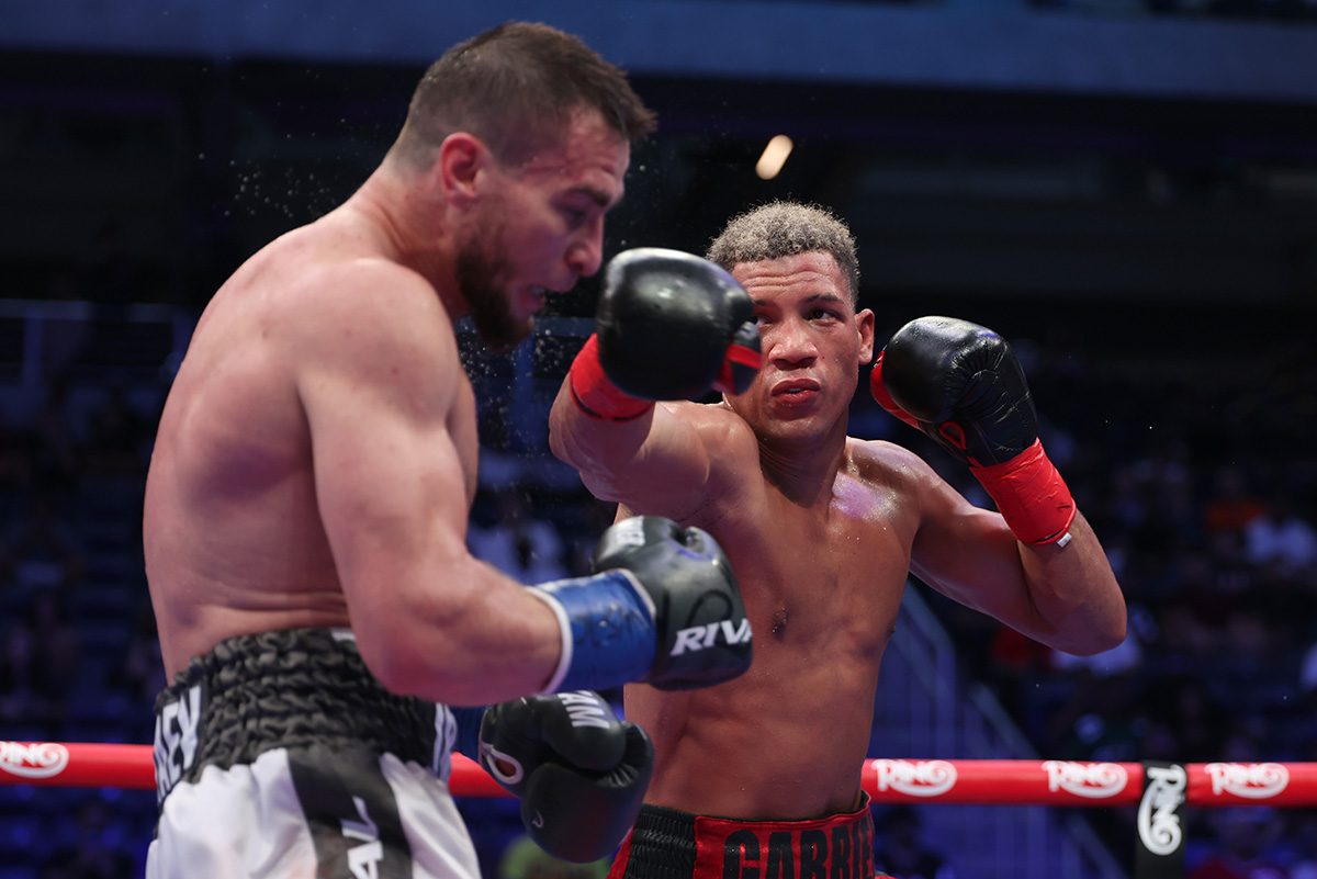 David Morrell is fortunate to escape from New York witha win over Imam Khataev. Photo: Cris Esqueda/Golden Boy/Getty Images
