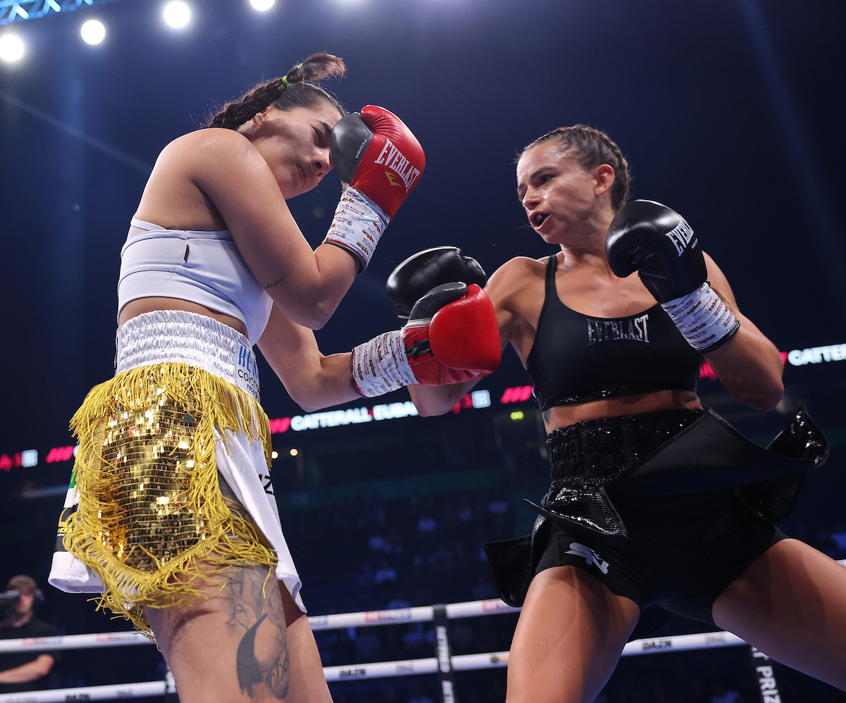 Skye Nicholson showed new power and dedication to her offense, stopping Carla Camila Campos Gonzales. Photo Mark Robinson, Matchroom Boxing Catterall Eubank