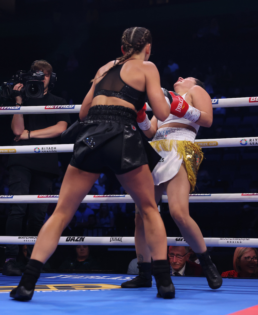 Skye Nicolson drills Carla Camila Campos Gonzales in round two. Photo: Mark Robinson, Matchroom Boxing