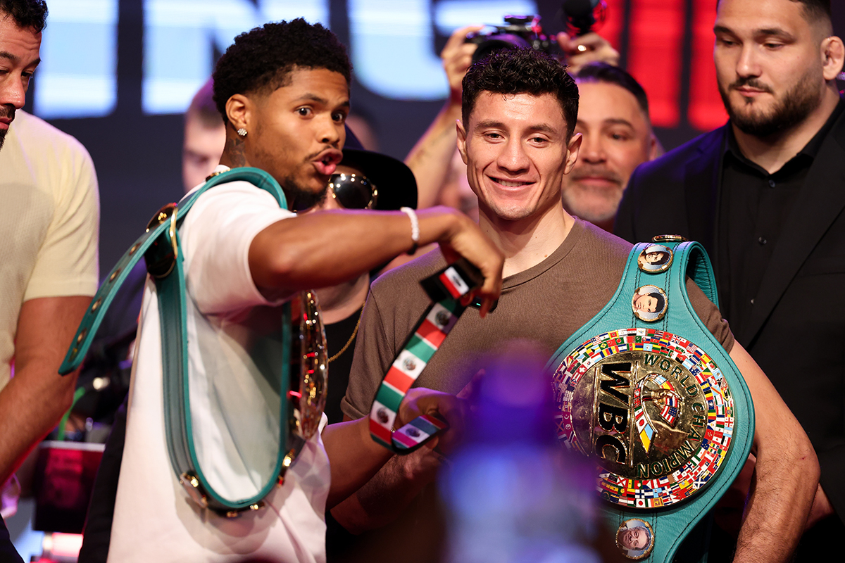 Shakur Stevenson whipped out a strap decorated with Mexican flags to taunt William Zepeda. Photo: Golden Boy Boxing
