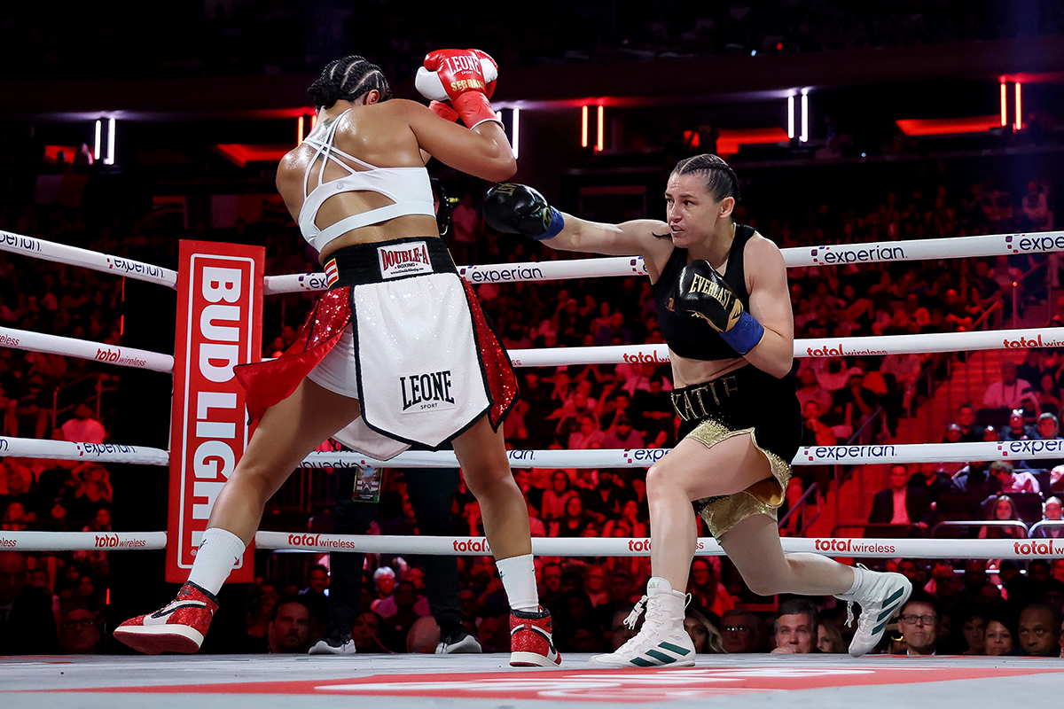 In a masterclass of boxing, Katie Taylor defeated Amanda Serrano to retain her undisputed IBF, WBA, WBC, WBO, and Ring super lightweight championship titles. Photo: Sarah Stier/Getty Images for Netflix
