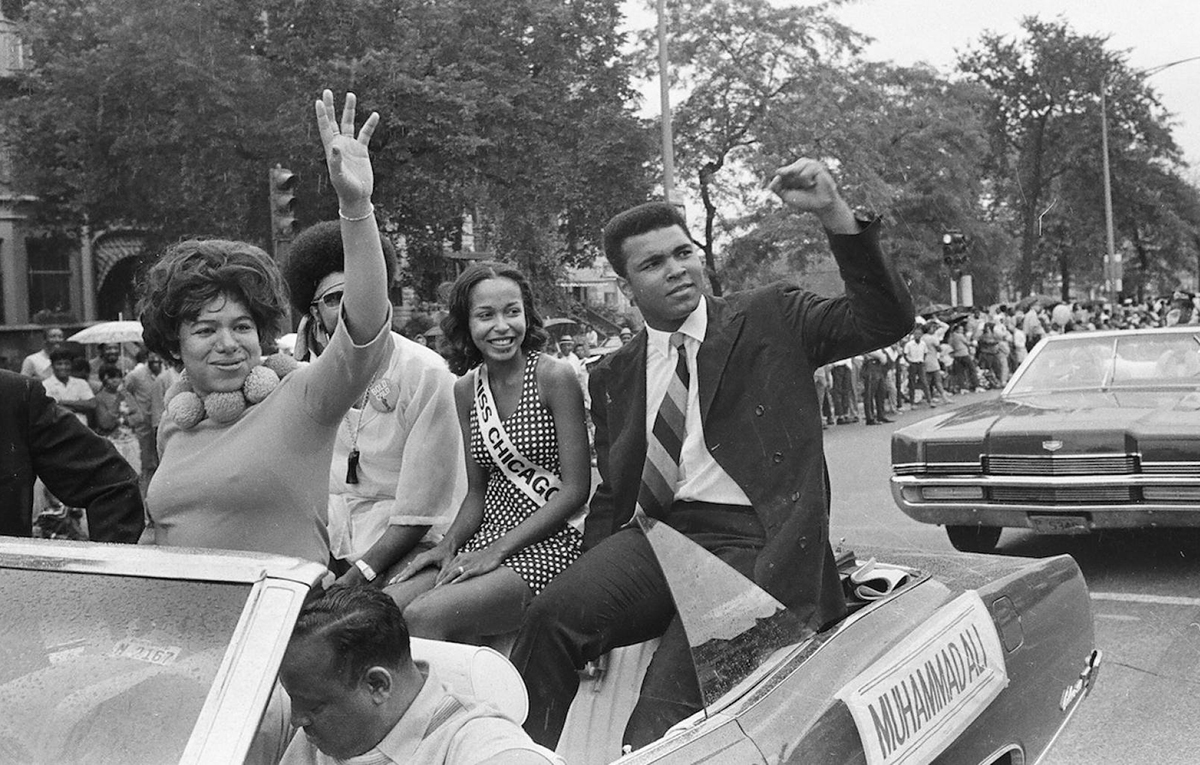 Muhammad Ali rides i the annual Bud Billikin Day Parade in Chicago on August 9, 1969. Photo: Chicago History Museum Duarte vs Sims Jr