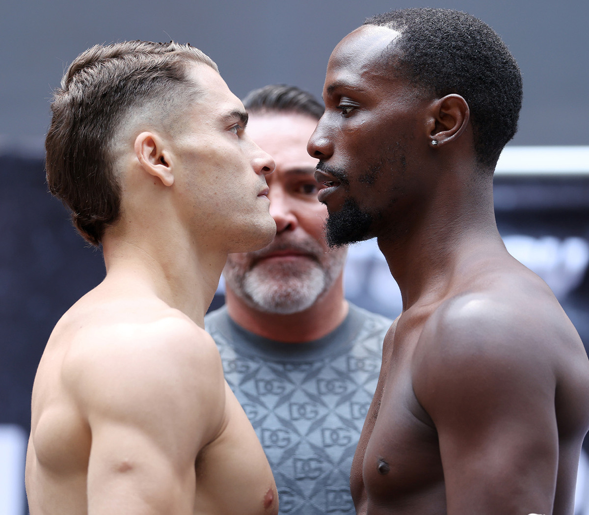 Although they have been friendly Golden Boy stablemates in the past, things got a little spicy between Oscar Duarte and Kenneth Sims Jr. Both weighed in at 139.8 pounds. Photo: Golden Boy Boxing