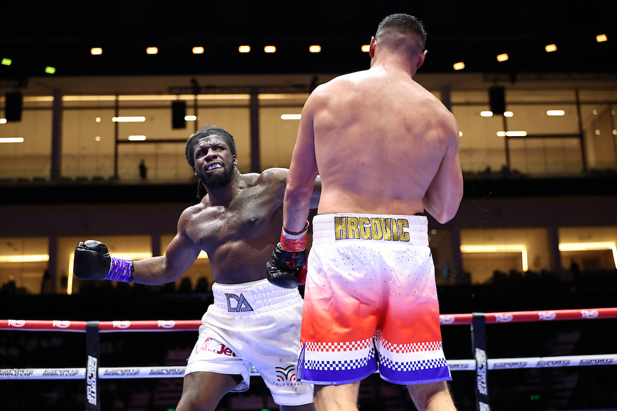 David Adeleye got to his feet in round eight and took it to Filip Hrgovic. Photo: Leigh Dawney/Queensberry