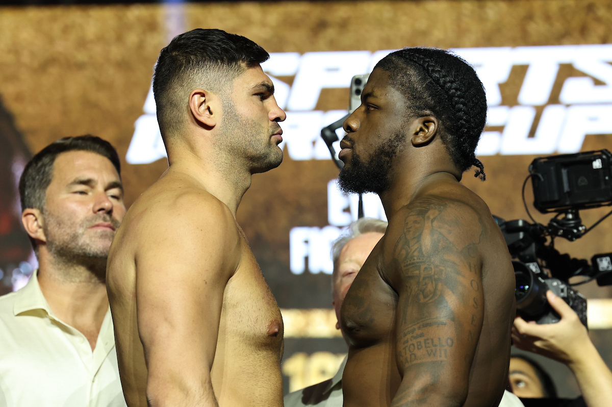 Filip Hrgovic and David Adeleye face off before their showdown on Saturday. Photo: Leigh Dawney/Queensberry 
