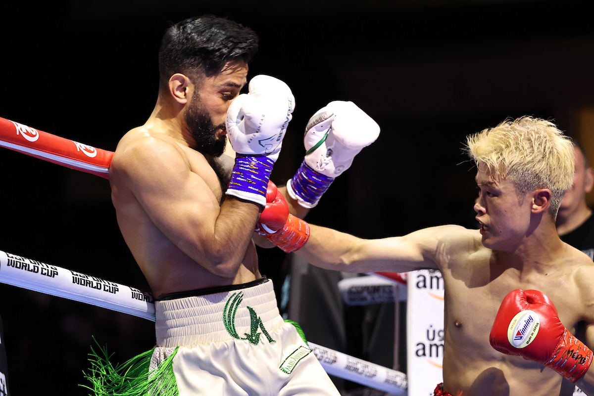 Hayoto Tsutsumi dropped Qais Ashfaq three times before stopping him in the third round. Photo: Leigh Dawney/Queensberry