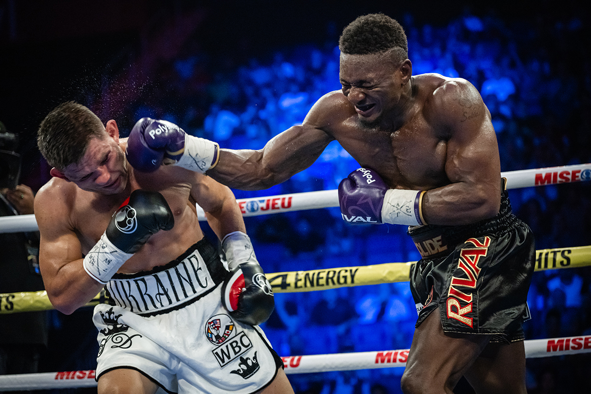 Christian Mbilli has a fan pleasing style. here taking it to tough Sergiy Derevyanchenko. Photo: Vincent Ethier, Eye of the Tiger
