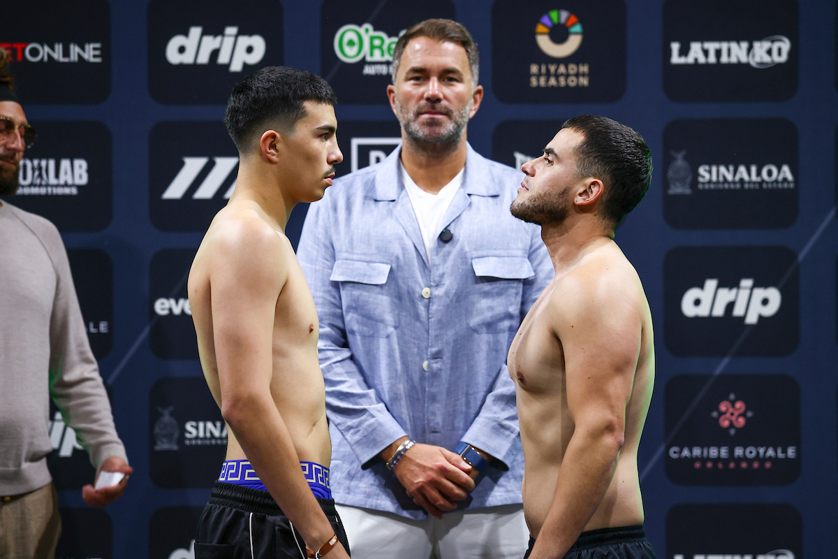 Robert Garcia trained prospect Hector Beltran Jr. faces off with Moises Martinez-Zumaya at Saturday's weigh-in. Photo: Melina Pizano/ Matchroom Sugar Nunez