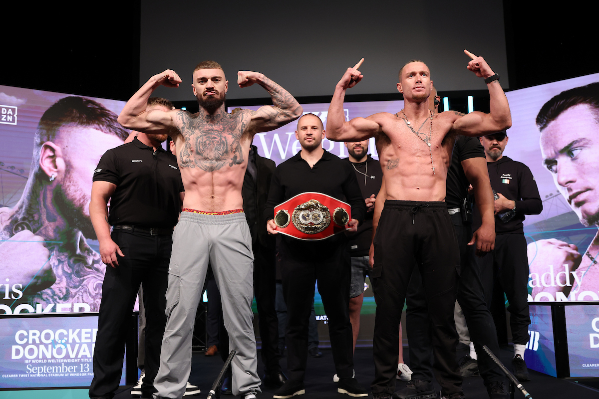 Lewis Crocker and Paddy Donovan at Friday's weigh-in ahead of their IBF World Welterweight Title fight Saturday in Belfast. Photo: Mark Robinson, Matchroom Boxing