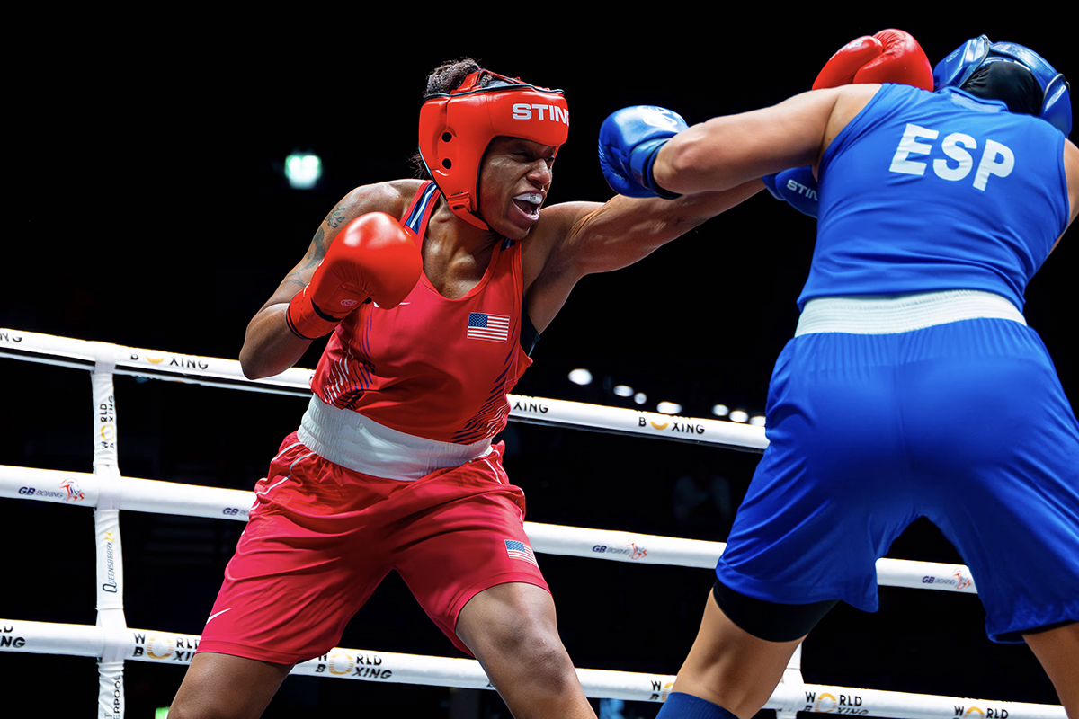 Naomi Graham throws a jab in her opening round debut at the 2025 World Boxing Championships. Photo: Jacob Hammond, USA Boxing