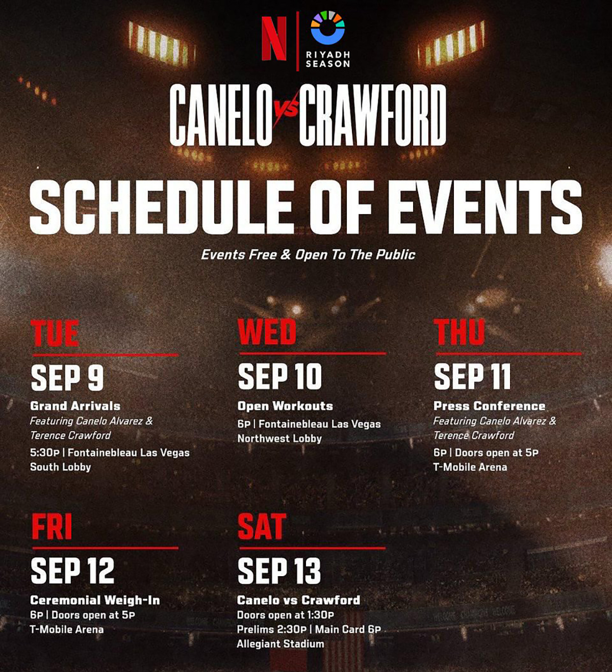 The full schedule for Canelo vs Crawford Fight Week. Photo: Netflix