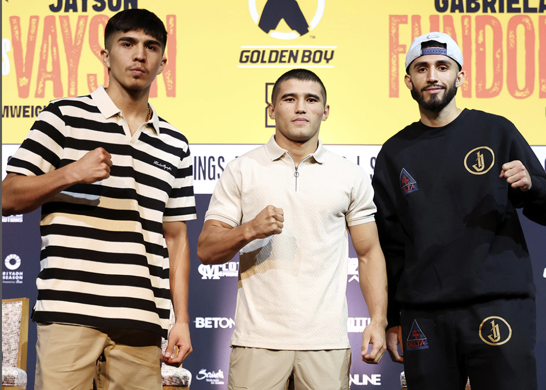 Top Golden Boy prospects (L to R) Grant Flores, Ruslan Abdullaev, and Joel Iriarte are ready to shine on Saturday. Photo: Cris Esqueda, Golden Boy Boxing Fundora Collazo