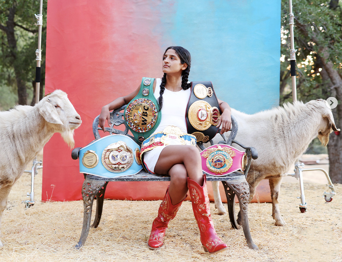 Gabriela Fundora is the 2024 Female Fighter of the Year, seen hanging out with the goats at her Coachella Valley ranch family home. Photo: Golden Boy Boxing Collazo