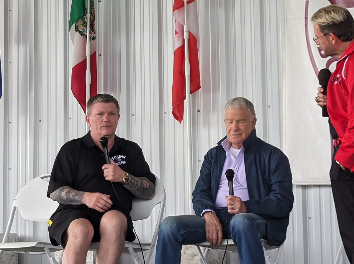 Ricky Hatton on stage at the International Boxing Hall of Fame with fellow Class of 2024 inductee Jim Lampley. Photo: Kelly Pomara