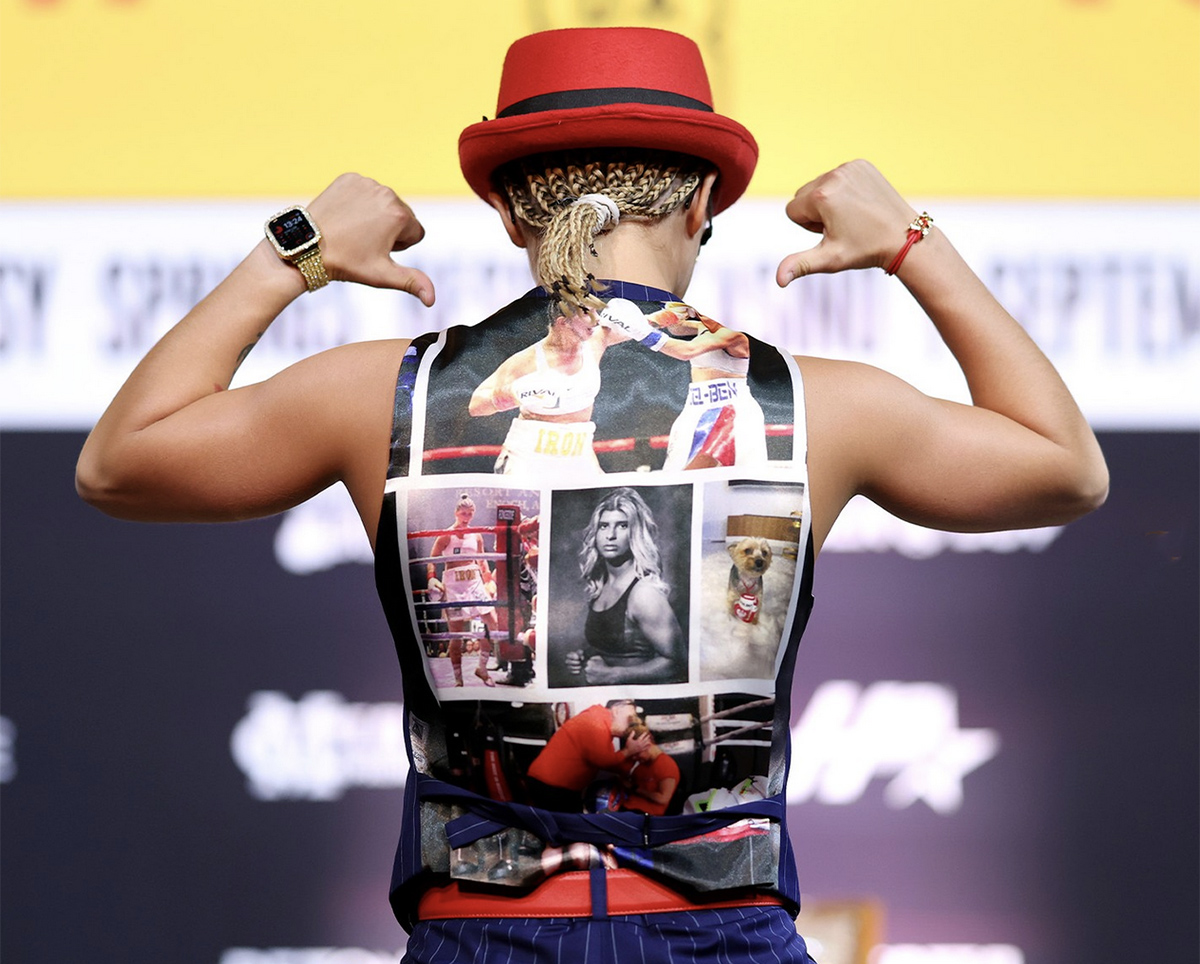 Alexas Kubicki came to Indio wearing a custom vest with photos of herself in action. Photo: Cris Esqueda, Golden Boy Boxing