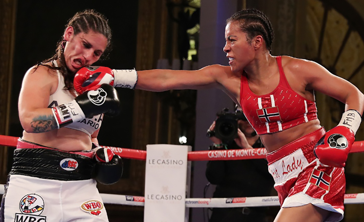 Cecilia Braekhas has fought around the world from Moscow to Monaco to England and Los Angeles. Here, Braekhus defends her undisputed titles against Victoria Bustos in Monte Carlo. Photo: Matchroom Boxing