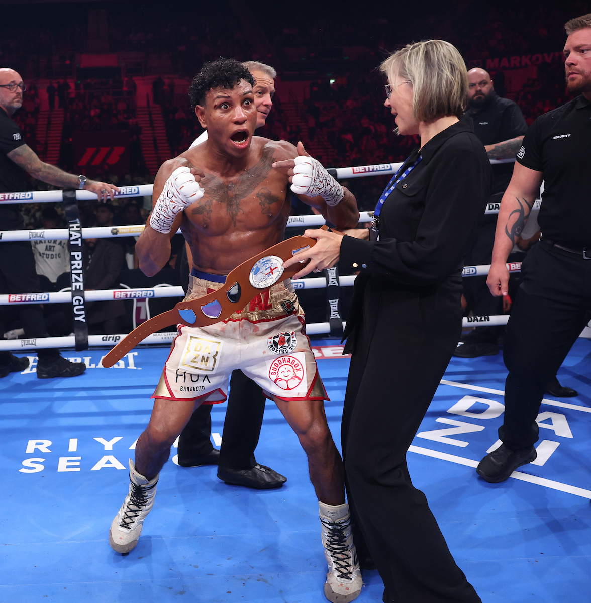 Bilal Fawaz reacts in shock at winning the English Super Welterweight title. Photo: Mark Robinson, Matchroom Boxing