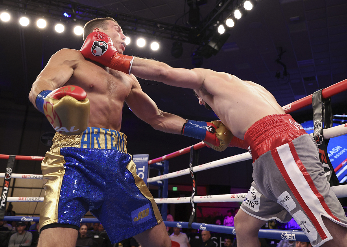 Umar Dzambekov needed just two rounds in his first ten round main event to take out Artem Bruson. Photo: Jason Burgos, 360 boxing Promotions