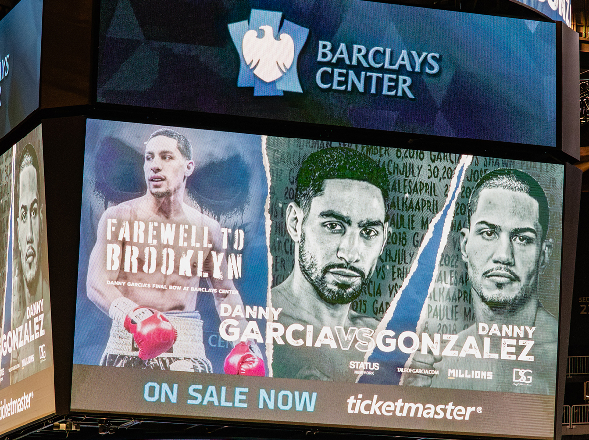 Danny Gonzalez now has his face on the Barclays Center jumbotron and the front marquee of the building. Photo: Don Avery, Swift Promotions
