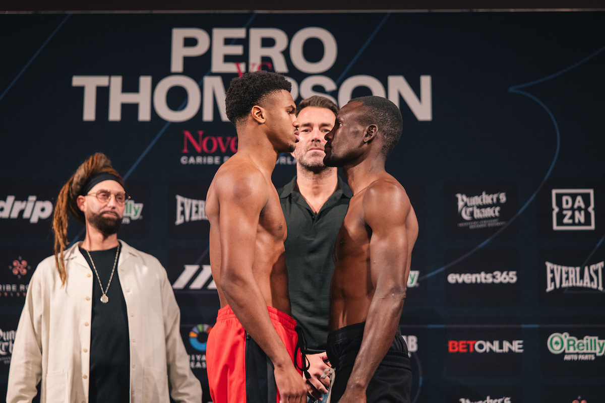 Omari Jones and Yusuph Metu face off ahead of their bout on Saturday. Photo: Matchroom Boxing