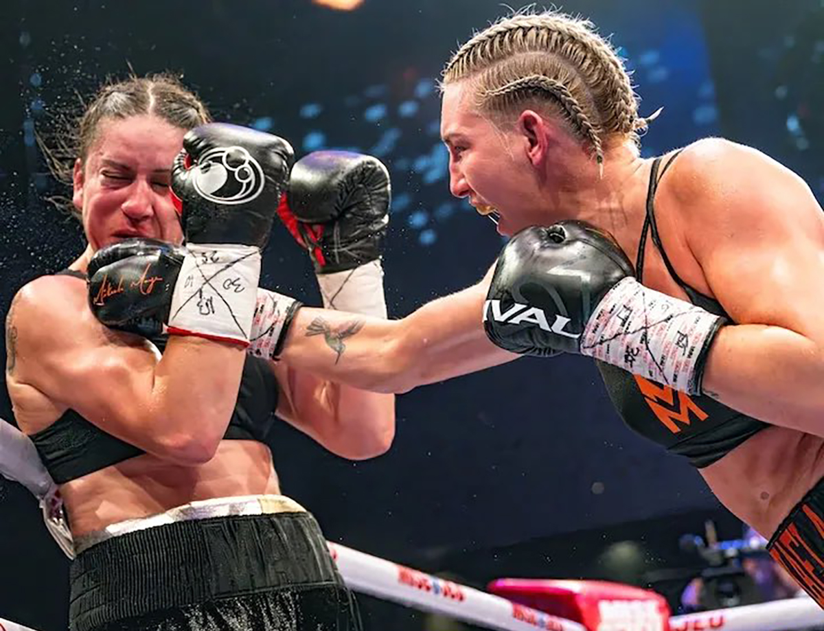 Mikaela Mayer looked right at home as a super welterweight, blowing out Mary Spencer to become the unified super welterweight champion Thursday in Montreal. Photo: Jeff Lockhart, Eye of the Tiger