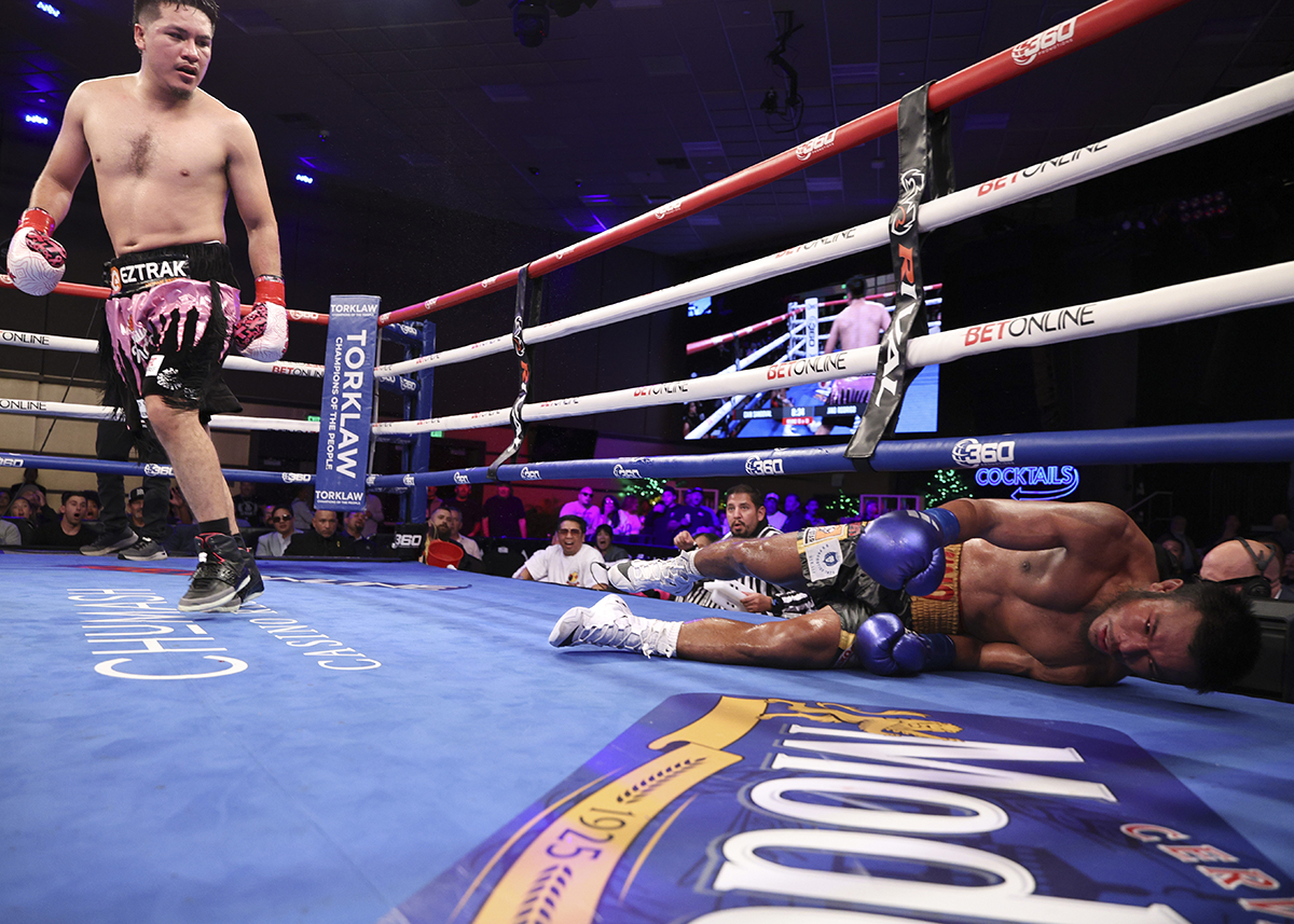 "Sugar" Cain Sandoval delivered a sweet knockout at the end of the final round for the win. Photo: Jason Burgos, 360 Boxing Promotions Hollywood Fight Nights