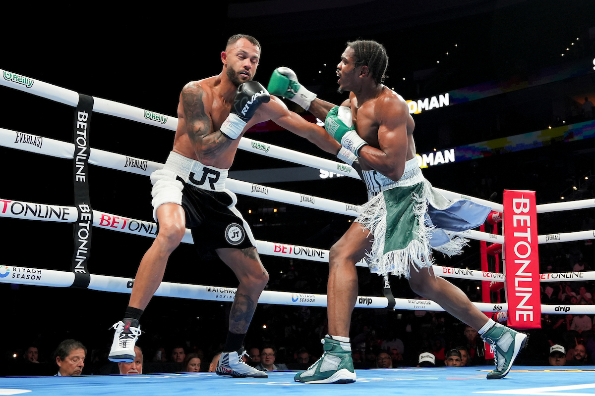 Tahmir Smalls dropped Jose Roman on the way to a decision win. Photo: Emma Brawley, Matchroom Boxing Boots Ennis