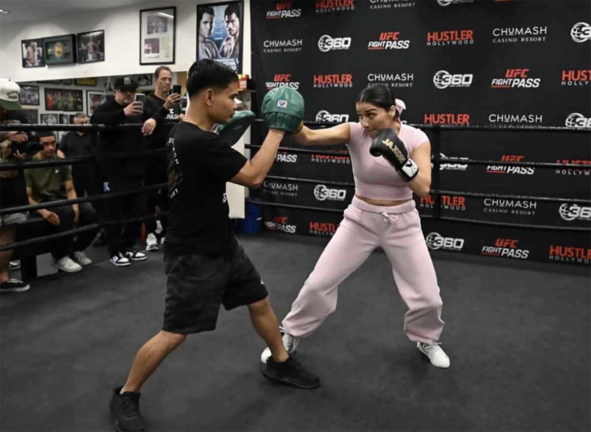 Roxy Verduzco sharpened her game as a sparring partner for Katie Taylor. She works at the WIld Card Gym prepping for Friday with trainer Marvin Somodio. Photo: Lina Baker, 360 Boxing Promotions