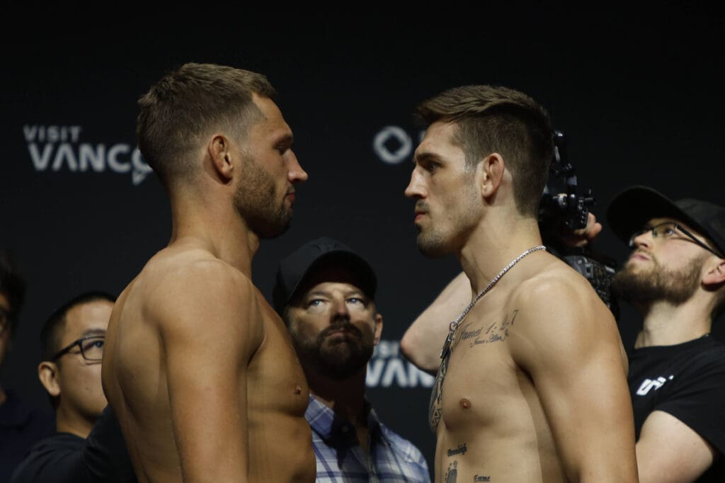 October 17, 2025, Vancouver, Vancouver, Bc, Canada: Brendan Allen and Reinier de Ridder face-off during the UFC Fight Night: de Ridder vs Allen - Ceremonial Weigh-In at Rogers Arena on October 17, 2025 in Vancouver, BC, Canada. /PxImages Vancouver Canada - ZUMAp175 20251017_zsa_p175_031 Copyright: xTomazxJrx
