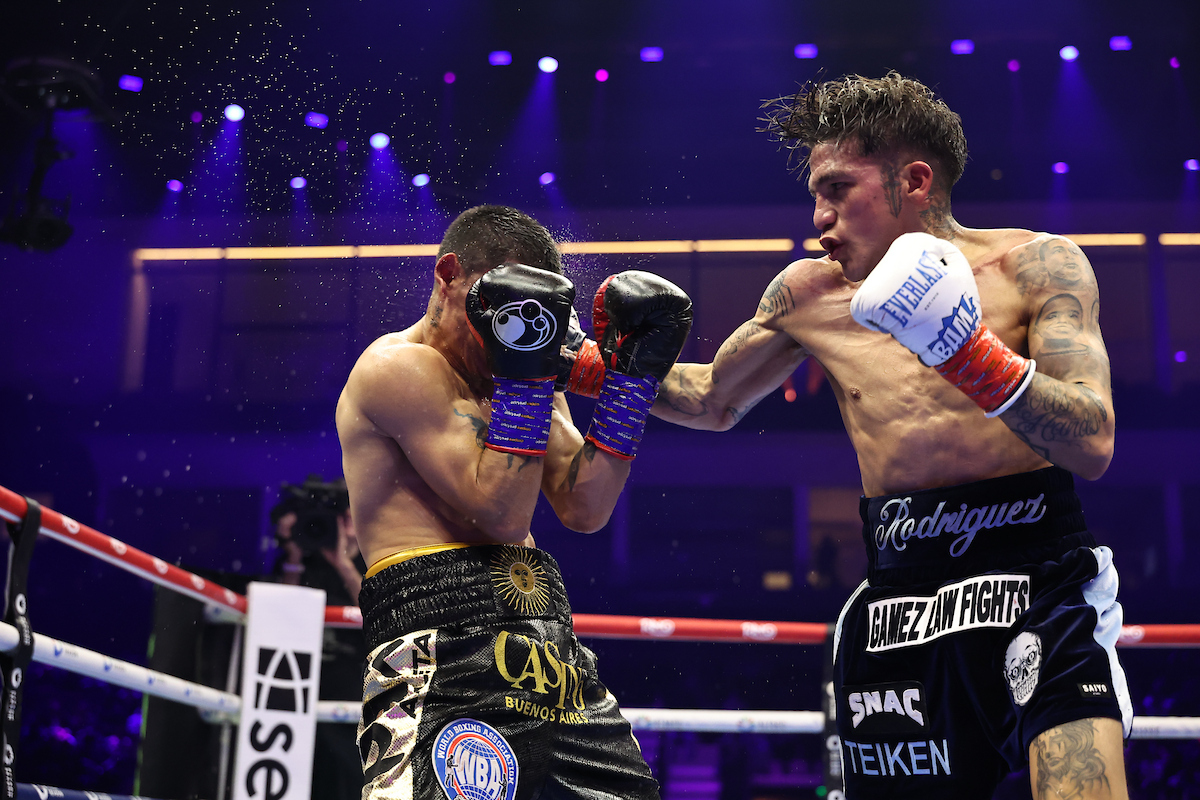 Bam Rodriguez now has three of four super flyweight belts and the Ring Magazine title after knocking out Fernando Martinez. Photo: Leigh Dawney, Queensberry Ring IV