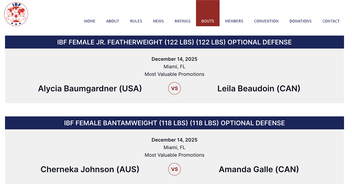 Alycia Baumgardner and Cherneka Johnson will apparently defend their titles in Miami on December 14. For Now. Photo: IBF Website Jake vs Tank Canceled