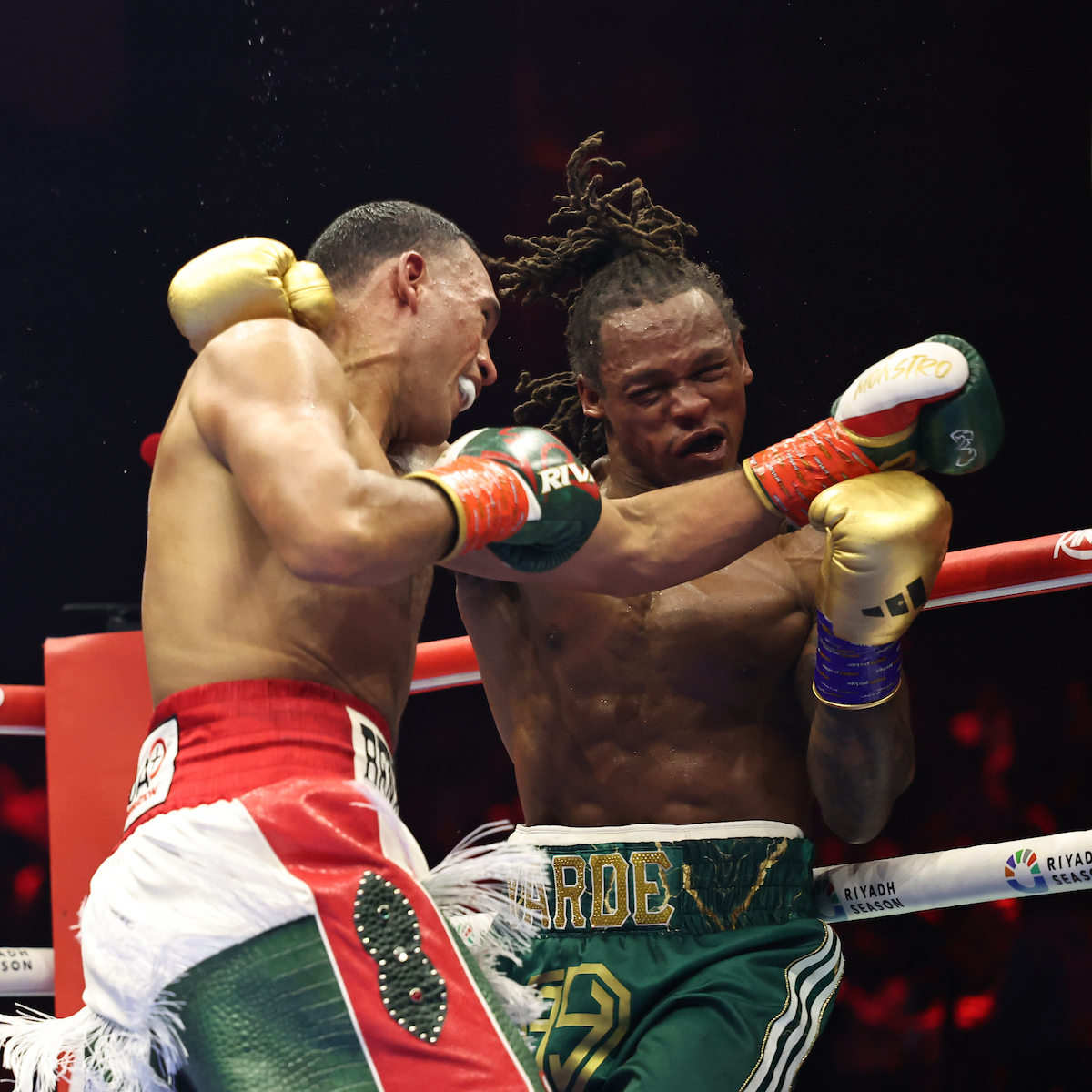 David Benavidez celebrated Saturday's win via knockout, then delivered a big surprise: a 2026 fight at cruiserweight with Zurdo Ramirez. Photo: Leigh Dawney, Queensberry
