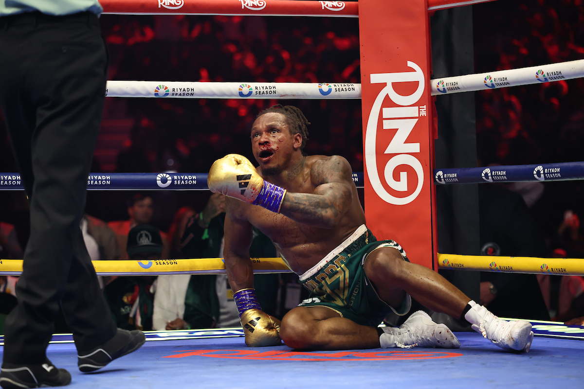 Anthony Yarde.complained about a late punch after the sixth round knockdown. Photo: Leigh Dawney, Queensberry David Benavidez