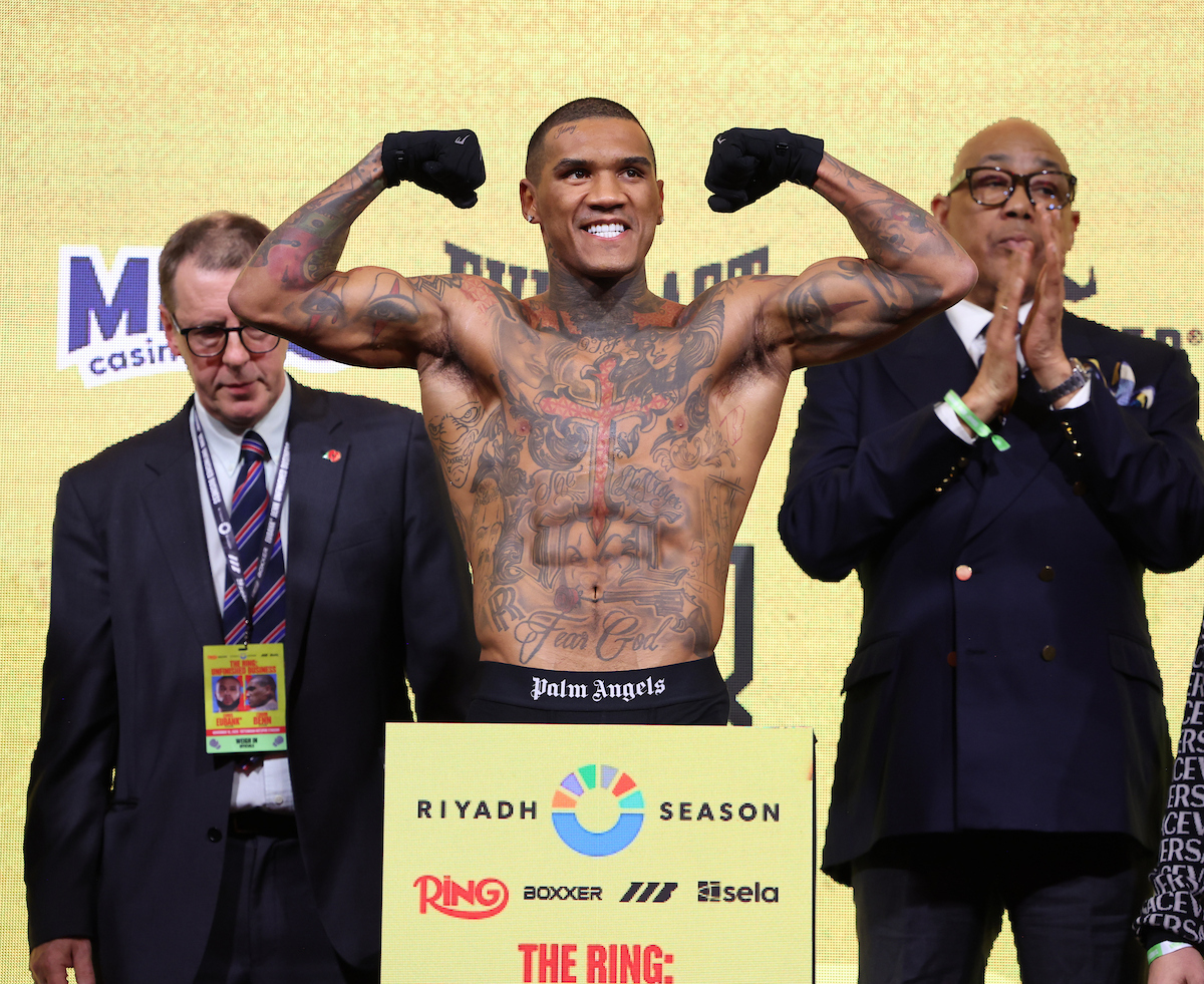 Chris Eubank Jr steps on the scale Friday in London ahead of his rematch with Conor Benn Saturday. Photo: Mark Robinson, Matchroom Boxing