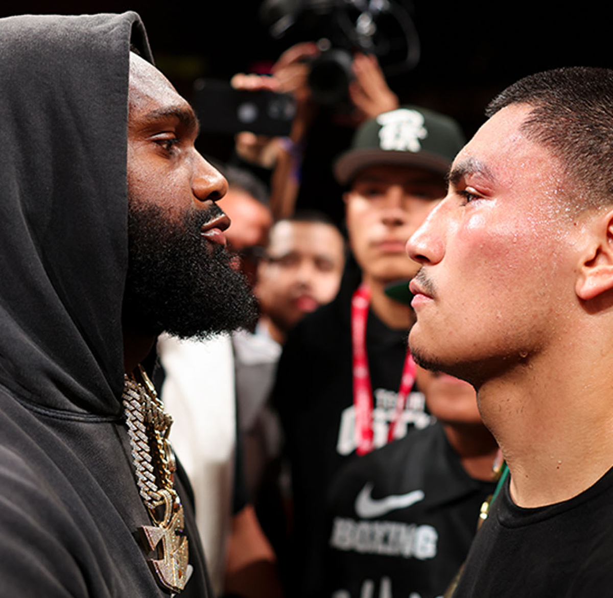 Jaron "Boots" Ennis and Vergil Ortiz Jr. staged their first faceoff after Ortiz Jr.'s win over Erickson Lubin Saturday in Fort Worth, Texas. Photo: Golden Boy Boxing