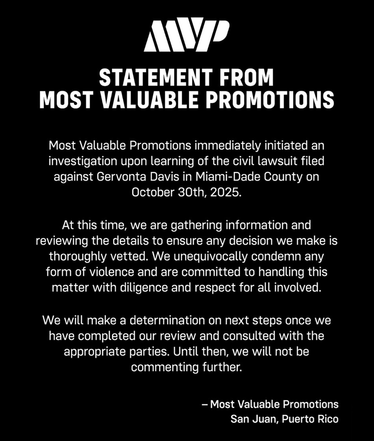 The statement issued Saturday by Most Valuable Promotions on the Jake vs Tank fight. Photo: MVP Davis Lawsuit