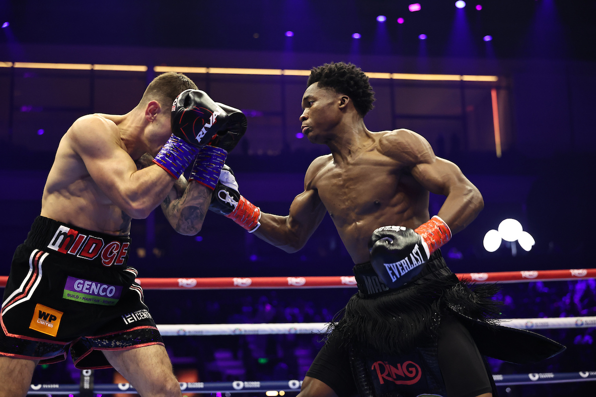 Two tough opponents went to war, and it was Abdullah Mason who edged out the win. Photo: Leigh Dawney, Queensberry Ring IV