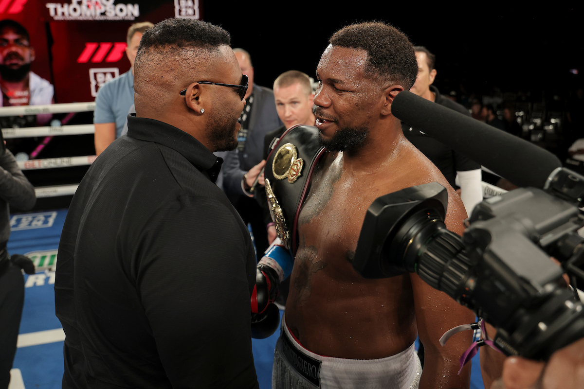 Lenier Pero and Jarrell Miller had a chat about a future matchup. Photo: Zachariah Delgado, Matchroom Boxing