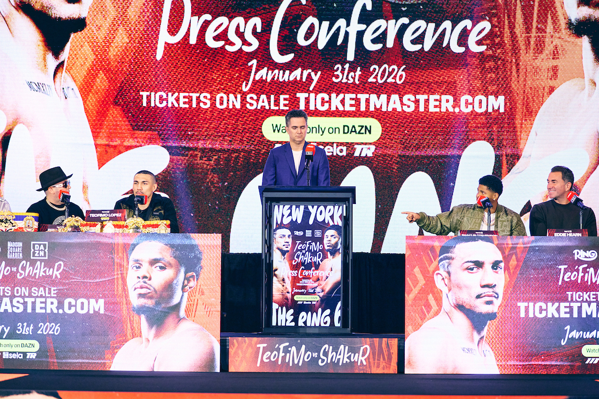 Teofimo Lopez Senior got a rise out of Shakur Stevenson during the kickoff news conference. Photo: Matchroom Boxing