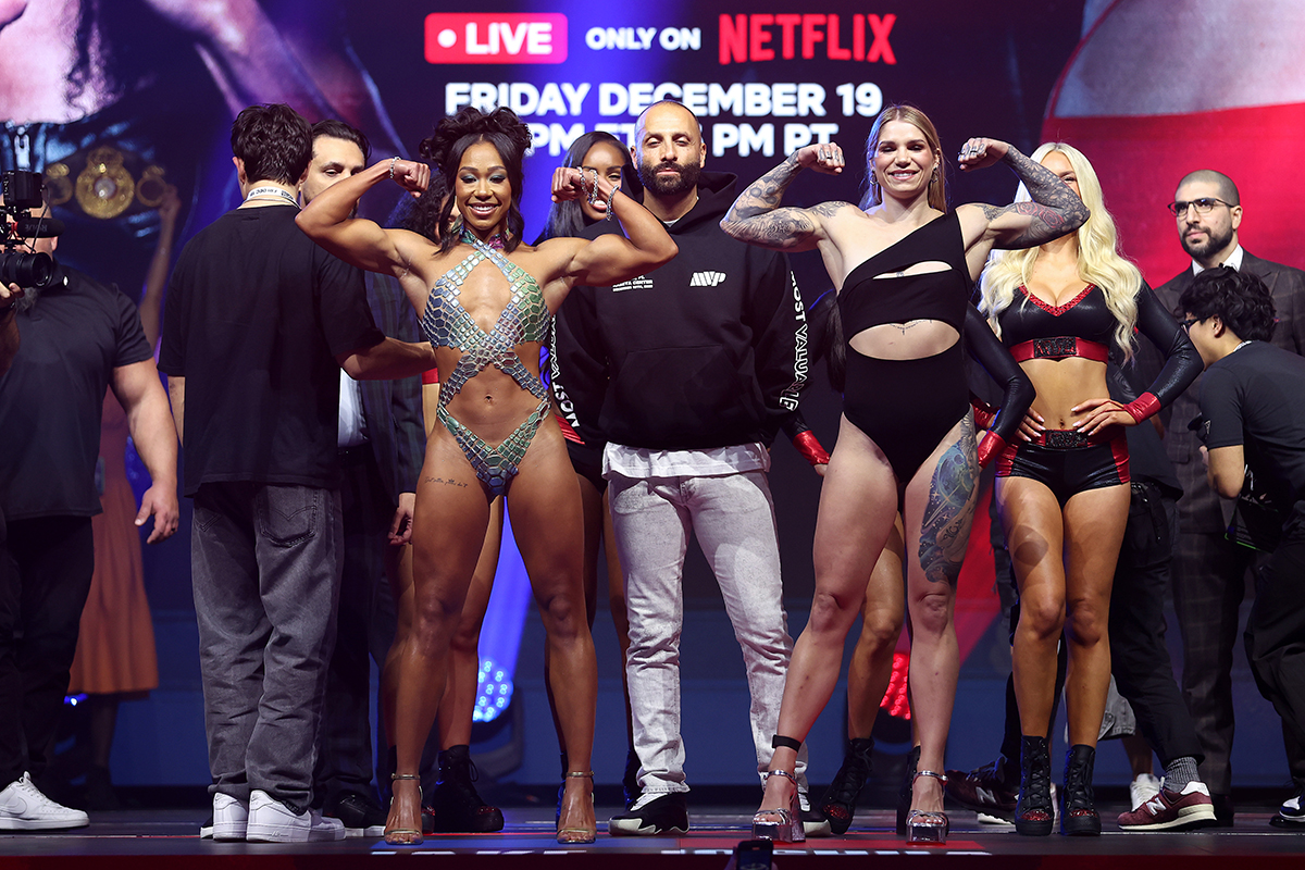 Alycia Baumgardner faces off against Leila Beaudoin during the weigh-in at The Fillmore Miami Beach on Thursday in Miami Beach, Florida. Photo: Megan Briggs, Getty Images for Netflix