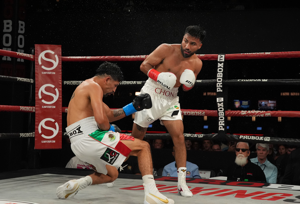 Once Ramon Cardenas landed the single hard right hook, Erik Robles' night was over. Photo: ProBox