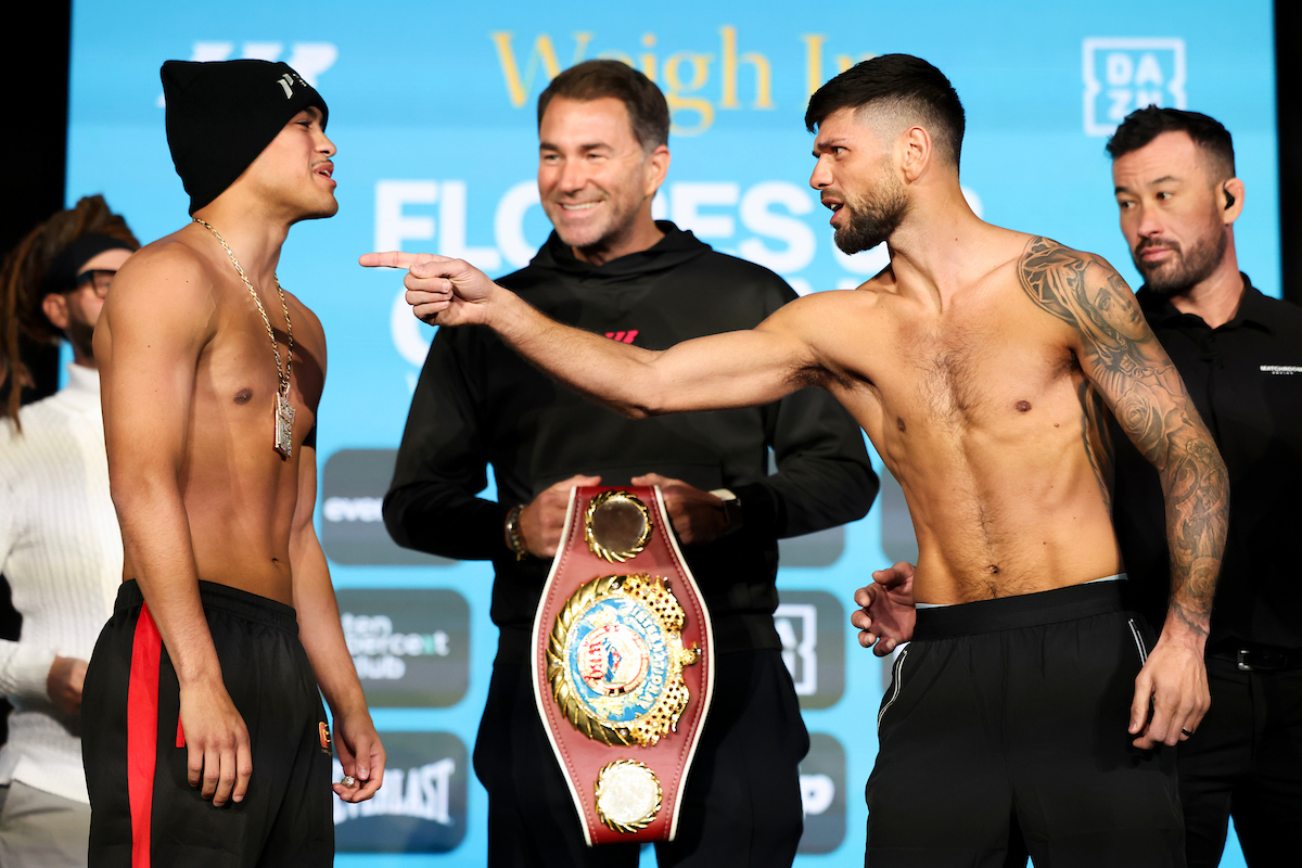 Gabe Flores and Joe Cordina got into it at the weigh-in Friday. Photo: Cris Esqueda, Matchroom Cruiserweight
