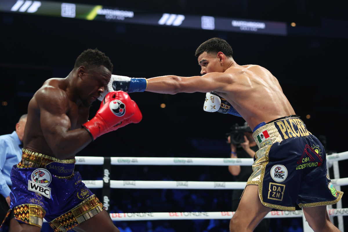 Diego Pacheco rolled up rounds early in the fight to survive a knockdown and late surge from Kevin Lele Sadjo. Photo: Cris Esqueda, Matchroom Boxing