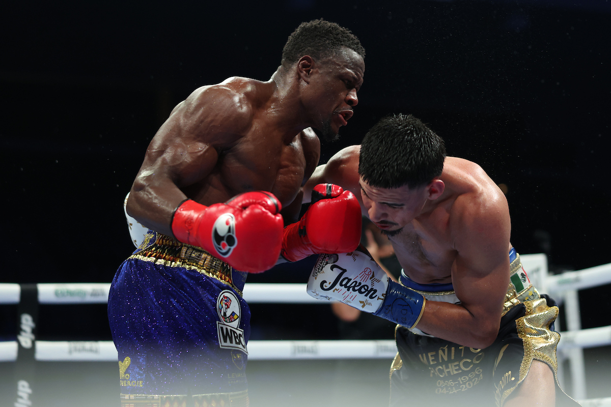 Kevin Sadjo leaned on Diego Pacheco, making the fight into a brawl to wear Pacheco down. Photo: Cris Esqueda, Matchroom Boxing