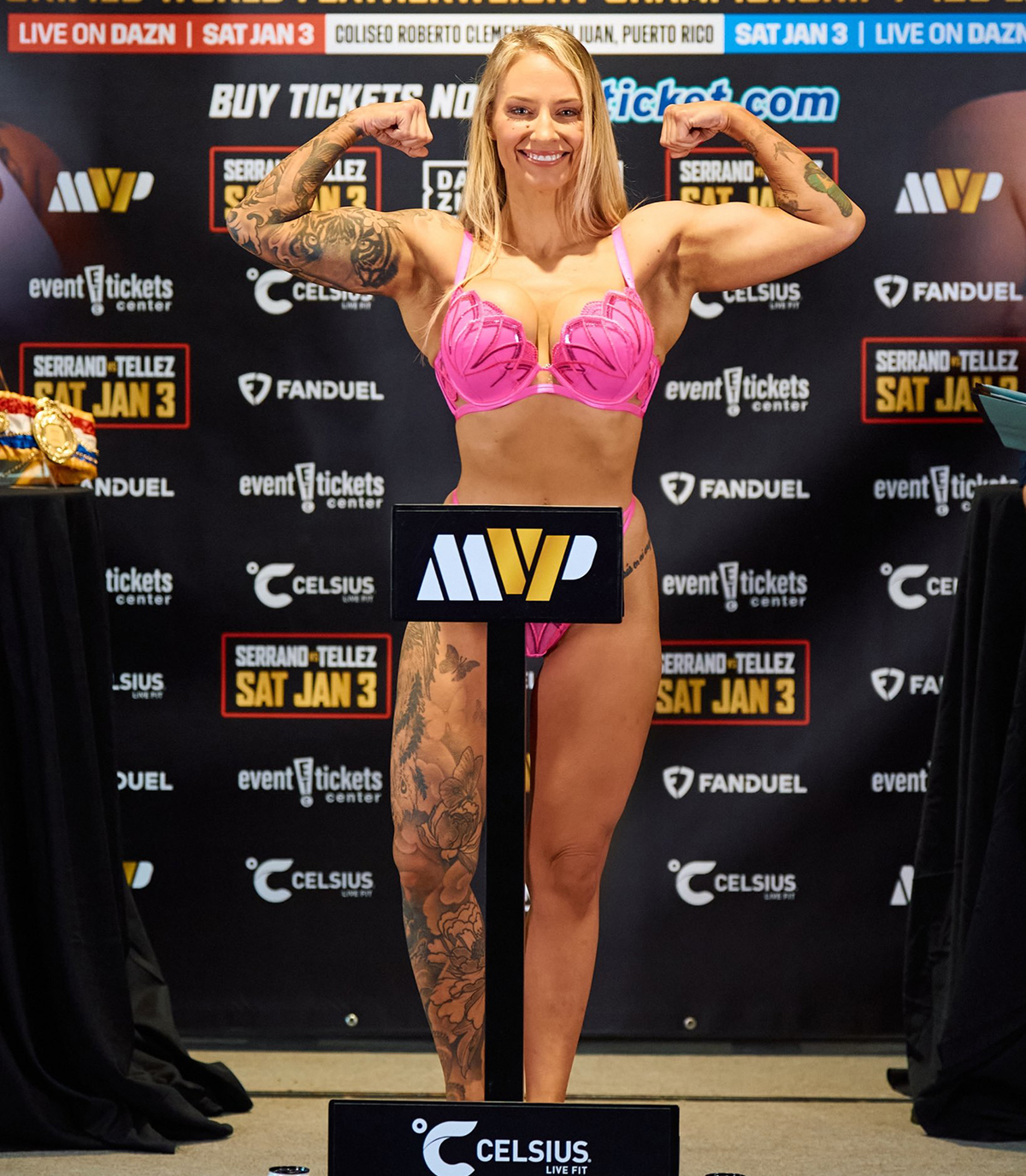 Ebanie Bridges is back after maternity leave to pick up her career and become a world champion for the second time in 2026. Photo: Harry Aaron, Most Valuable Promotions Amanda Serrano