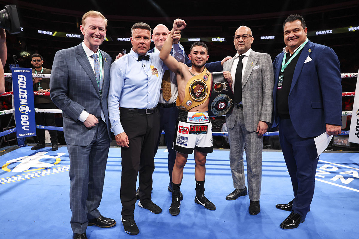 Photo: (L to R) CSAC Commissioner Chris Gruwell, referee Thomas Taylor, CSAC Executive Officer Andy Foster, Jorge Chavez, CSAC Chairman Peter Villegas, and CSAC Commissioner Ron Fiore. Fiore is credited with the idea of bringing back the California State championship title. Photo: Cris Esqueda, Golden Boy Boxing