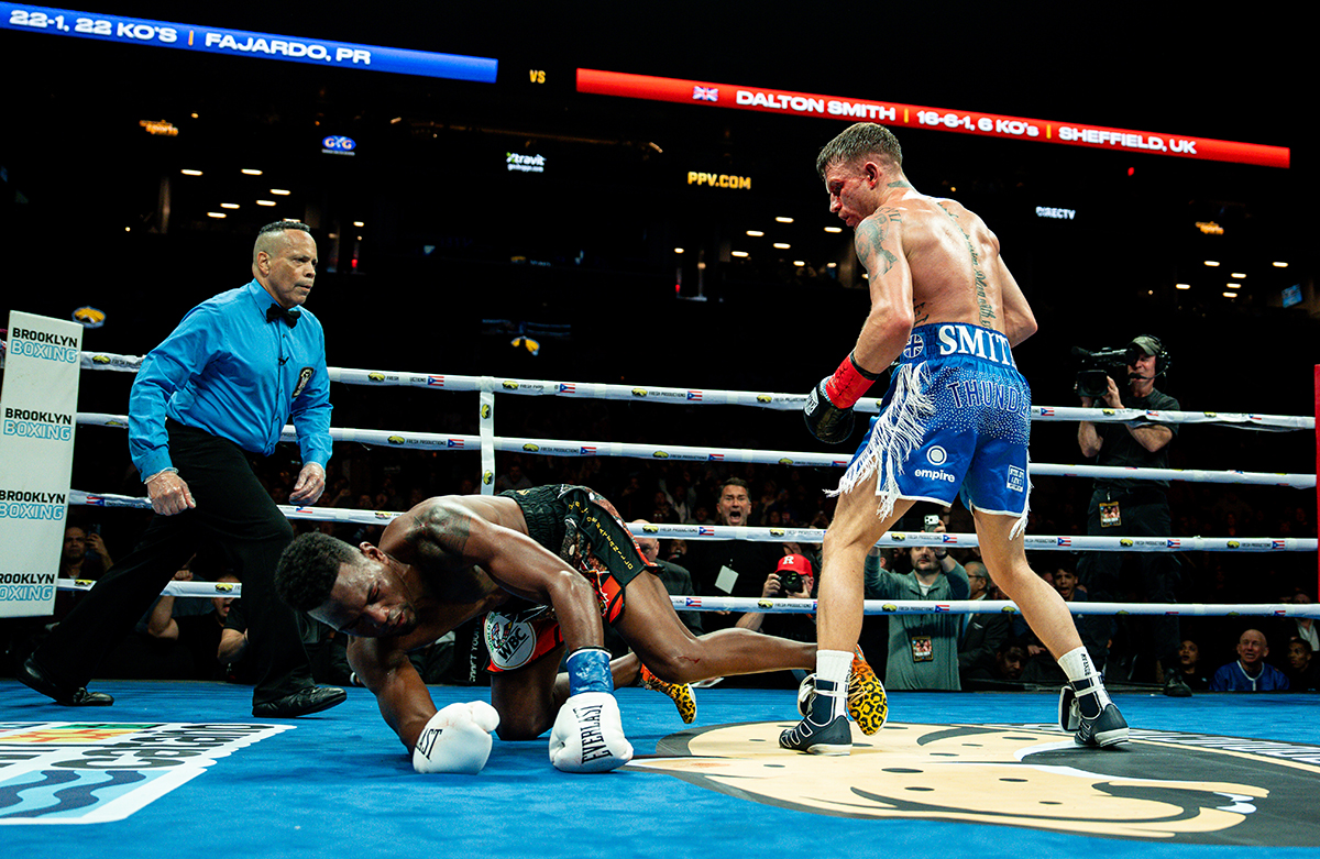 Dalton Smith was ahead on the scorecards when he scored the knockout win over Subriel Matias for the WBC World Super Lightweight championship. Photo: Mohsin Hussain, Matchroom Boxing