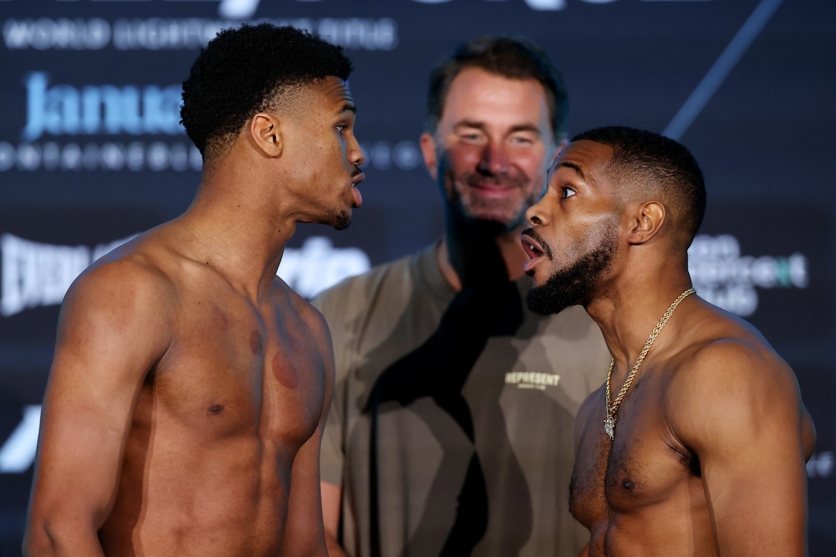 Omari Jones and Jerome Baxter had plenty to say to each other at Friday's weigh-in. Photo: Matchroom Boxing Muratalla vs Cruz